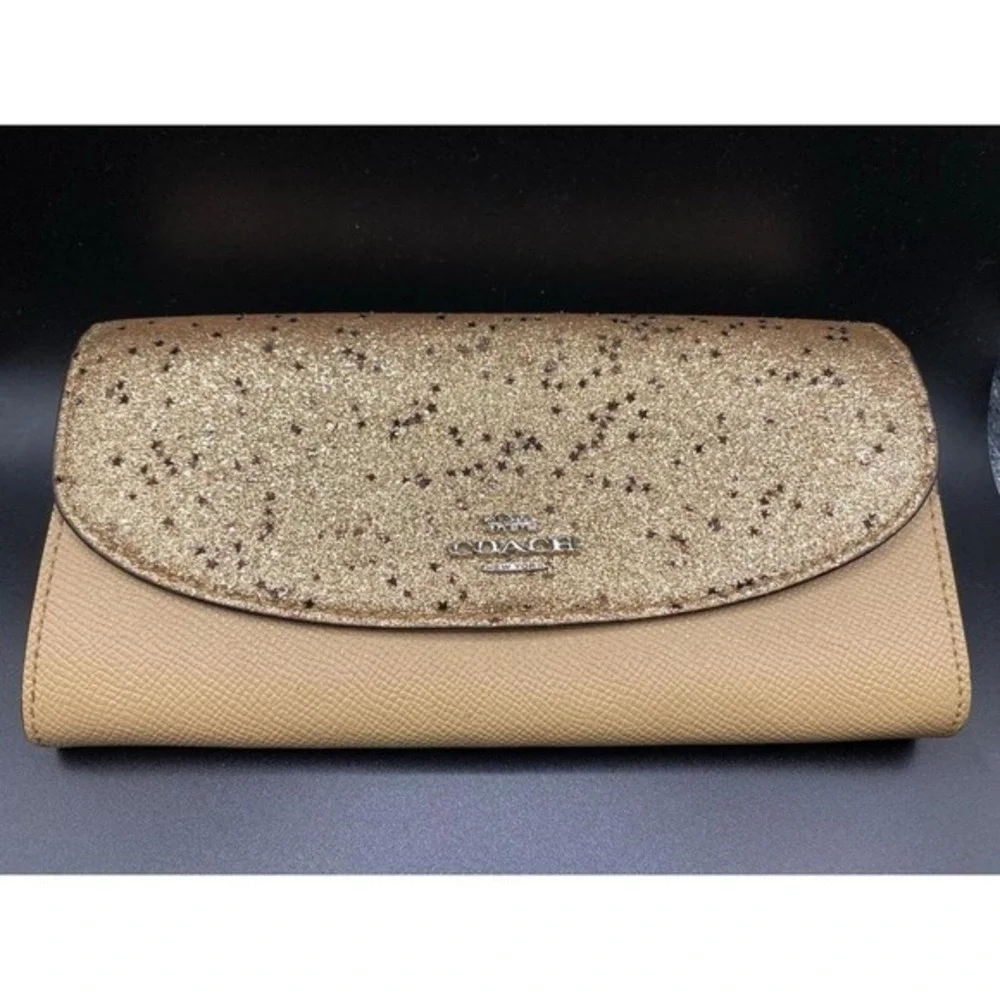 Coach Beige Cream Gold Glitter Star Tan Leather Accordion Wallet Clutch Envelope